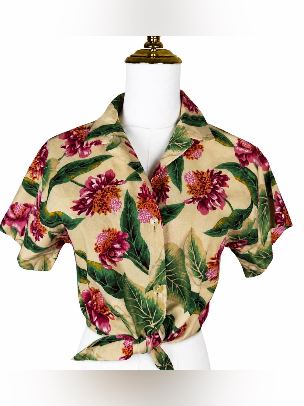 Vintage Seawind Hawaiian Botanical Floral Tie Front Blouse Tropical Aloha Shirt🌺
